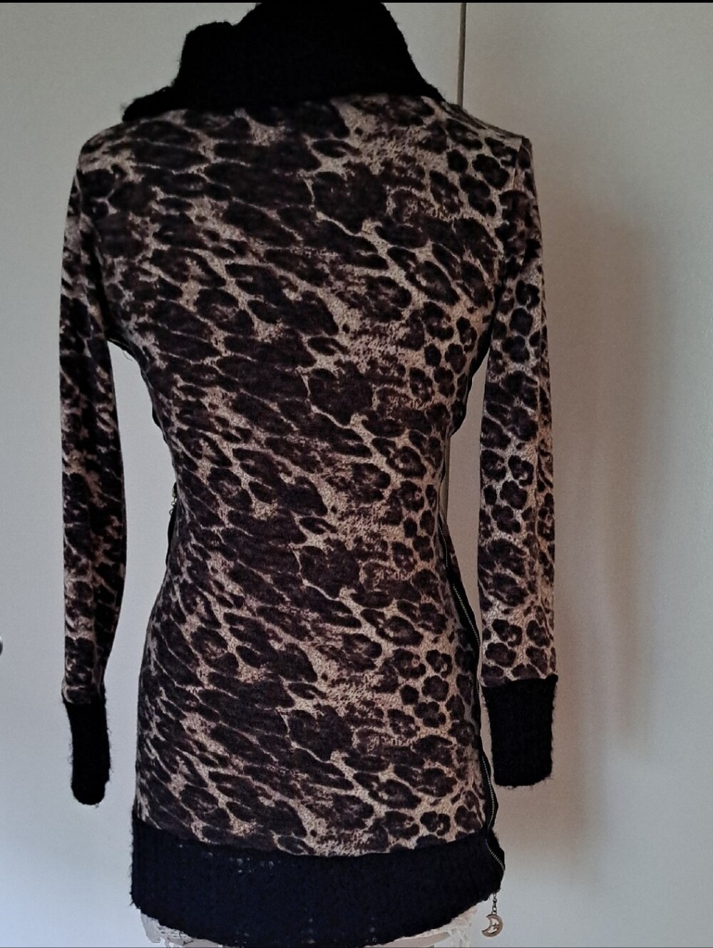 Women's Leopard Print Cowl Neck Sweater - Black & Brown - Picture 5 of 12